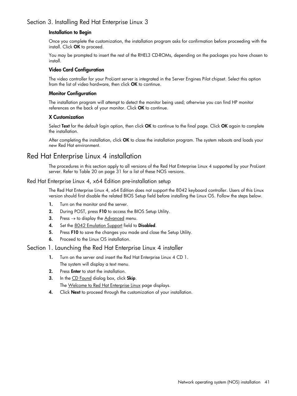 Section 3. installing red hat enterprise linux 3, Red hat enterprise linux 4 installation | HP ProLiant DL140 G3 Server User Manual | Page 41 / 55