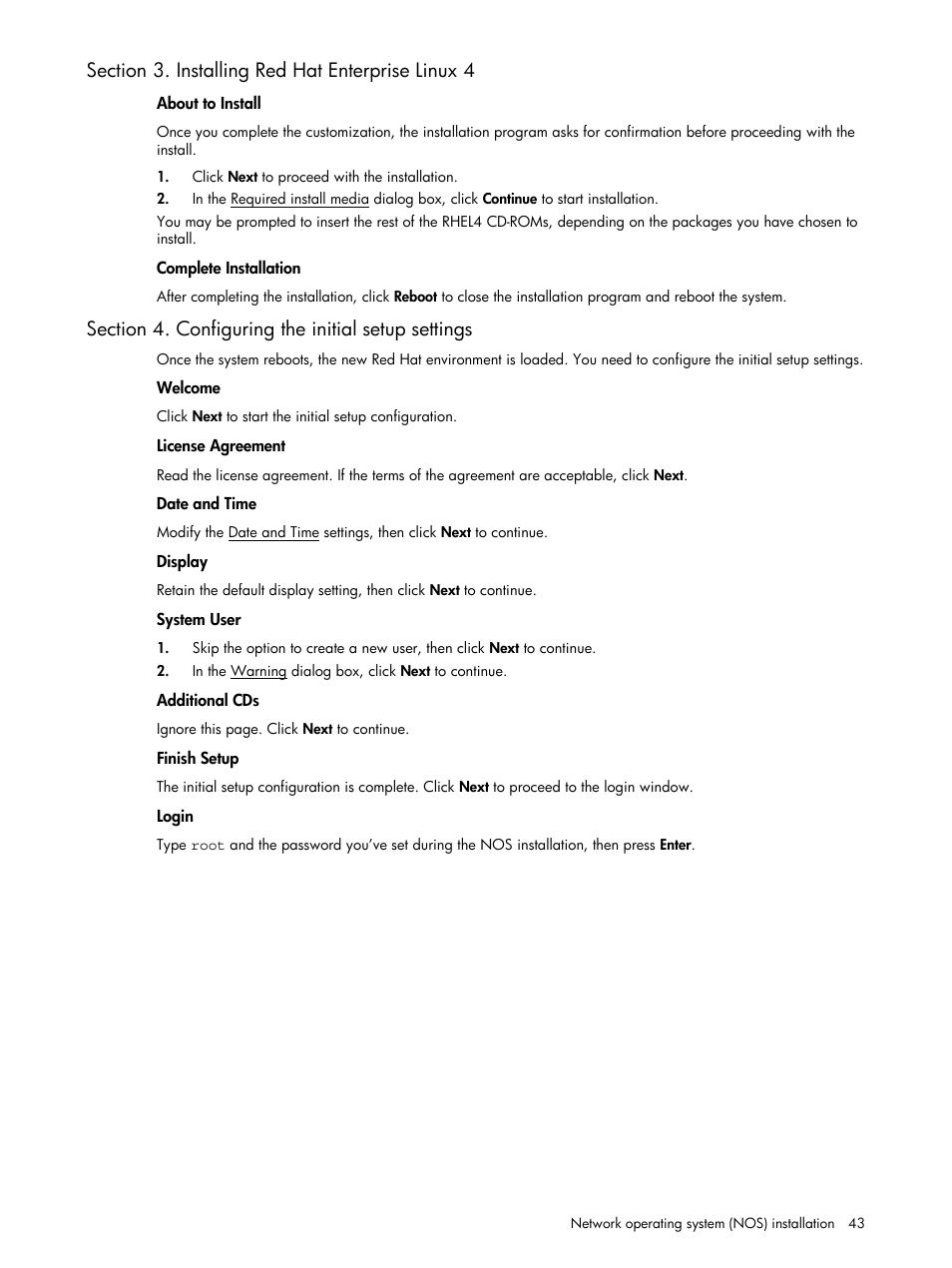 Section 3. installing red hat enterprise linux 4, Section 4. configuring the initial setup settings | HP ProLiant DL140 G3 Server User Manual | Page 43 / 55