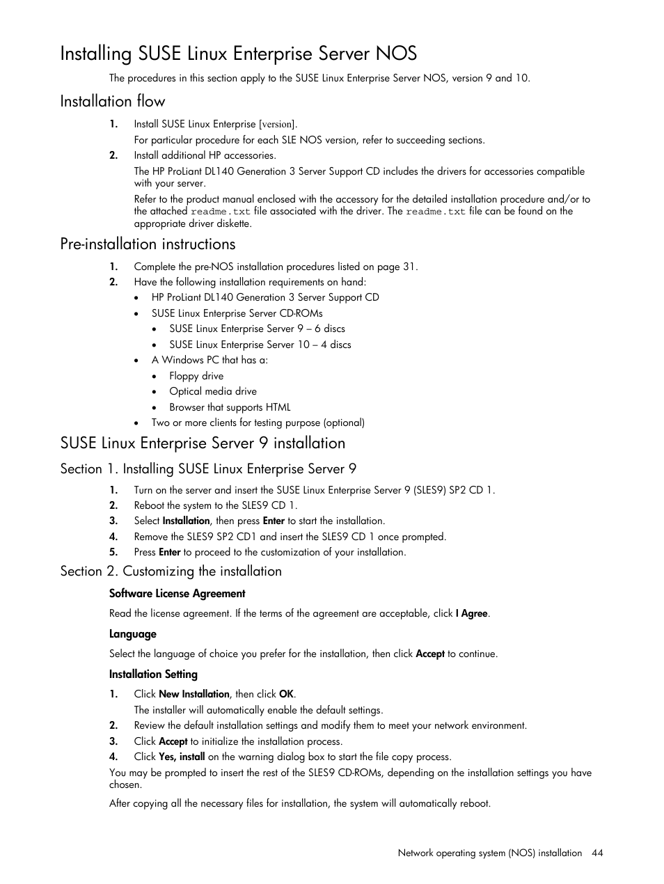 Installing suse linux enterprise server nos, Installation flow, Pre-installation instructions | Suse linux enterprise server 9 installation, Section 2. customizing the installation | HP ProLiant DL140 G3 Server User Manual | Page 44 / 55