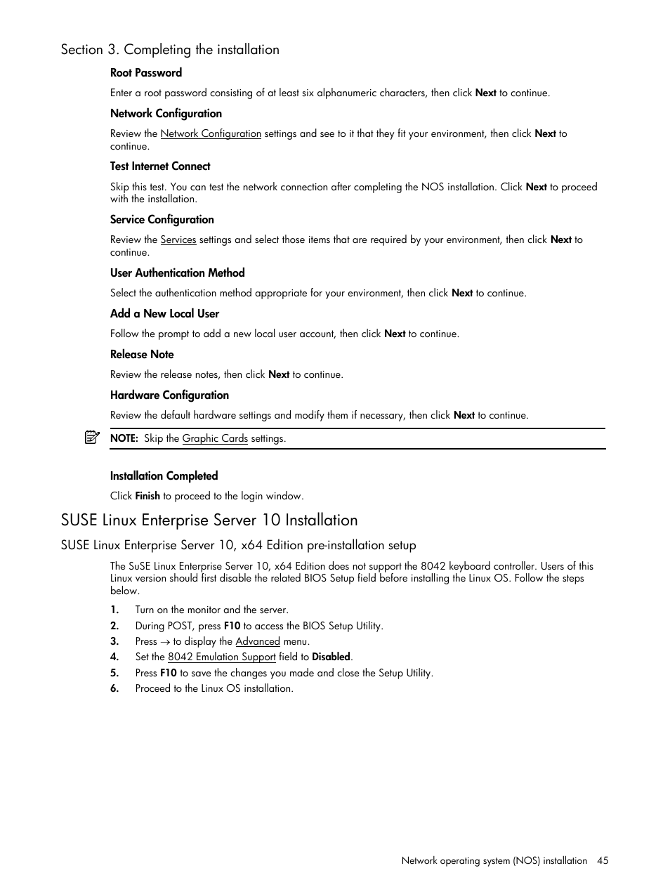 Section 3. completing the installation, Suse linux enterprise server 10 installation | HP ProLiant DL140 G3 Server User Manual | Page 45 / 55