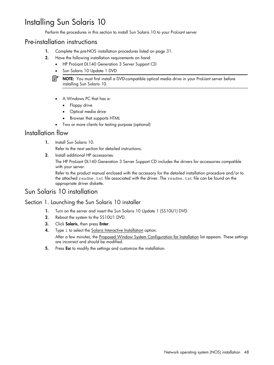 Installing sun solaris 10, Pre-installation instructions, Installation flow | Sun solaris 10 installation, Section 1. launching the sun solaris 10 installer | HP ProLiant DL140 G3 Server User Manual | Page 48 / 55