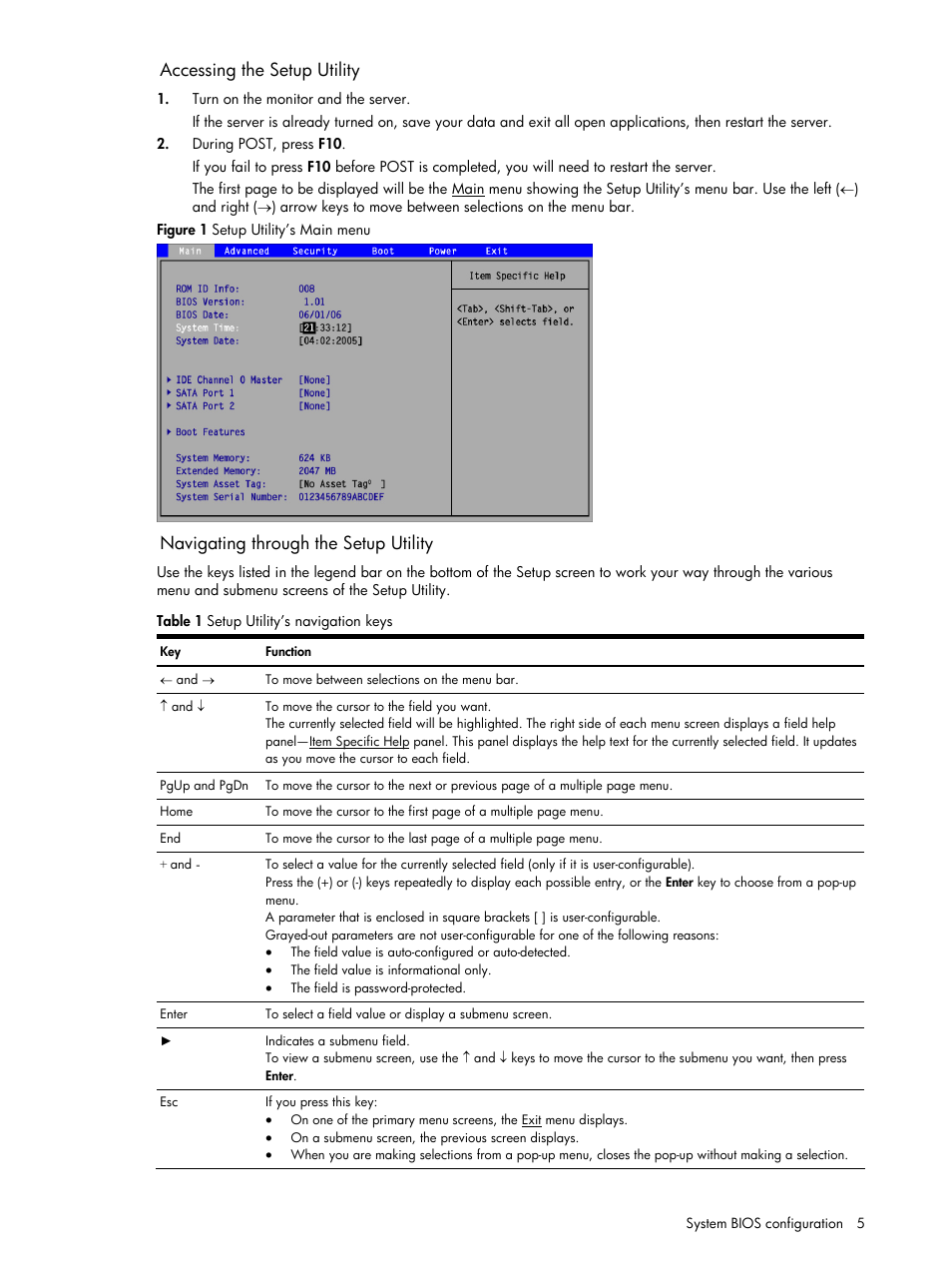 Accessing the setup utility, Navigating through the setup utility | HP ProLiant DL140 G3 Server User Manual | Page 5 / 55