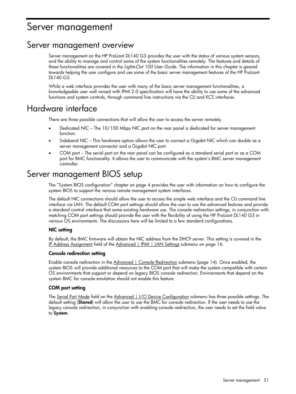 Server management, Server management overview, Hardware interface | Server management bios setup | HP ProLiant DL140 G3 Server User Manual | Page 51 / 55