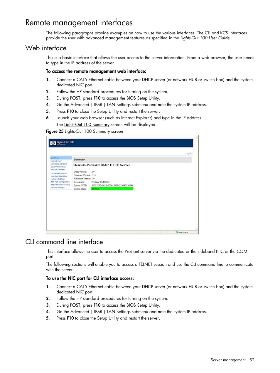 Remote management interfaces, Web interface, Cli command line interface | HP ProLiant DL140 G3 Server User Manual | Page 52 / 55