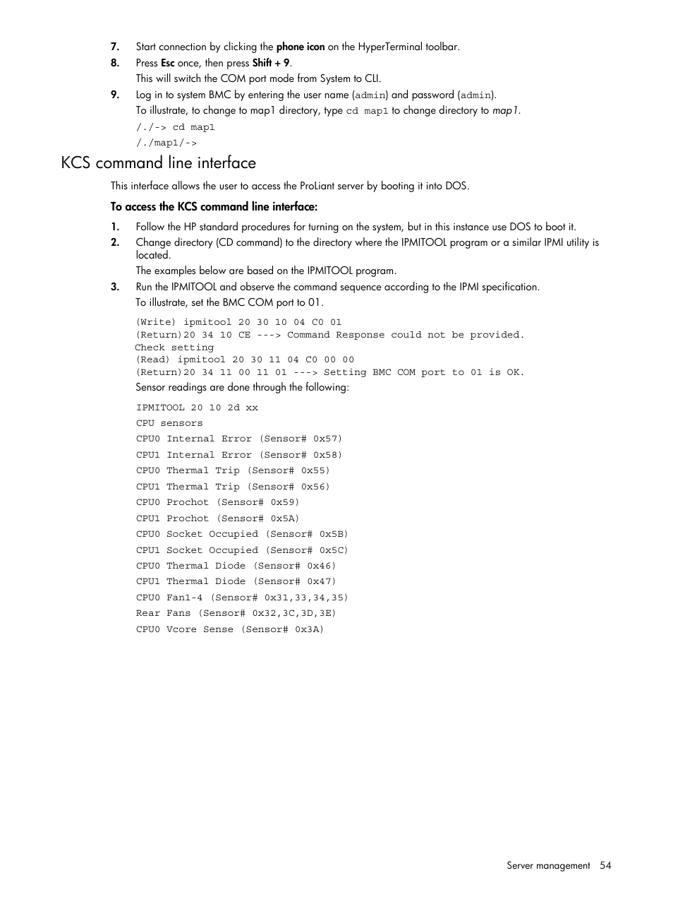 Kcs command line interface | HP ProLiant DL140 G3 Server User Manual | Page 54 / 55