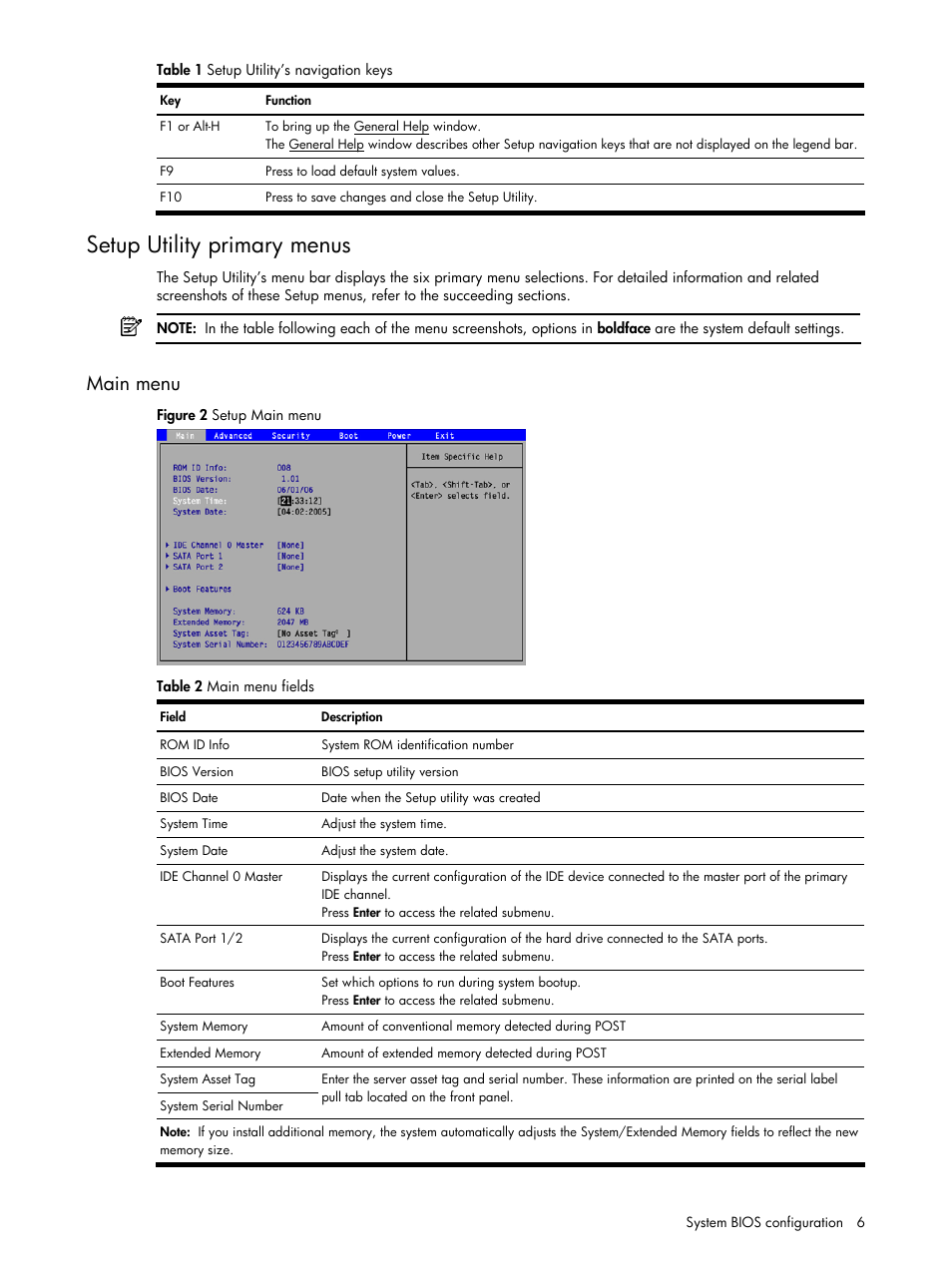 Setup utility primary menus, Main menu | HP ProLiant DL140 G3 Server User Manual | Page 6 / 55