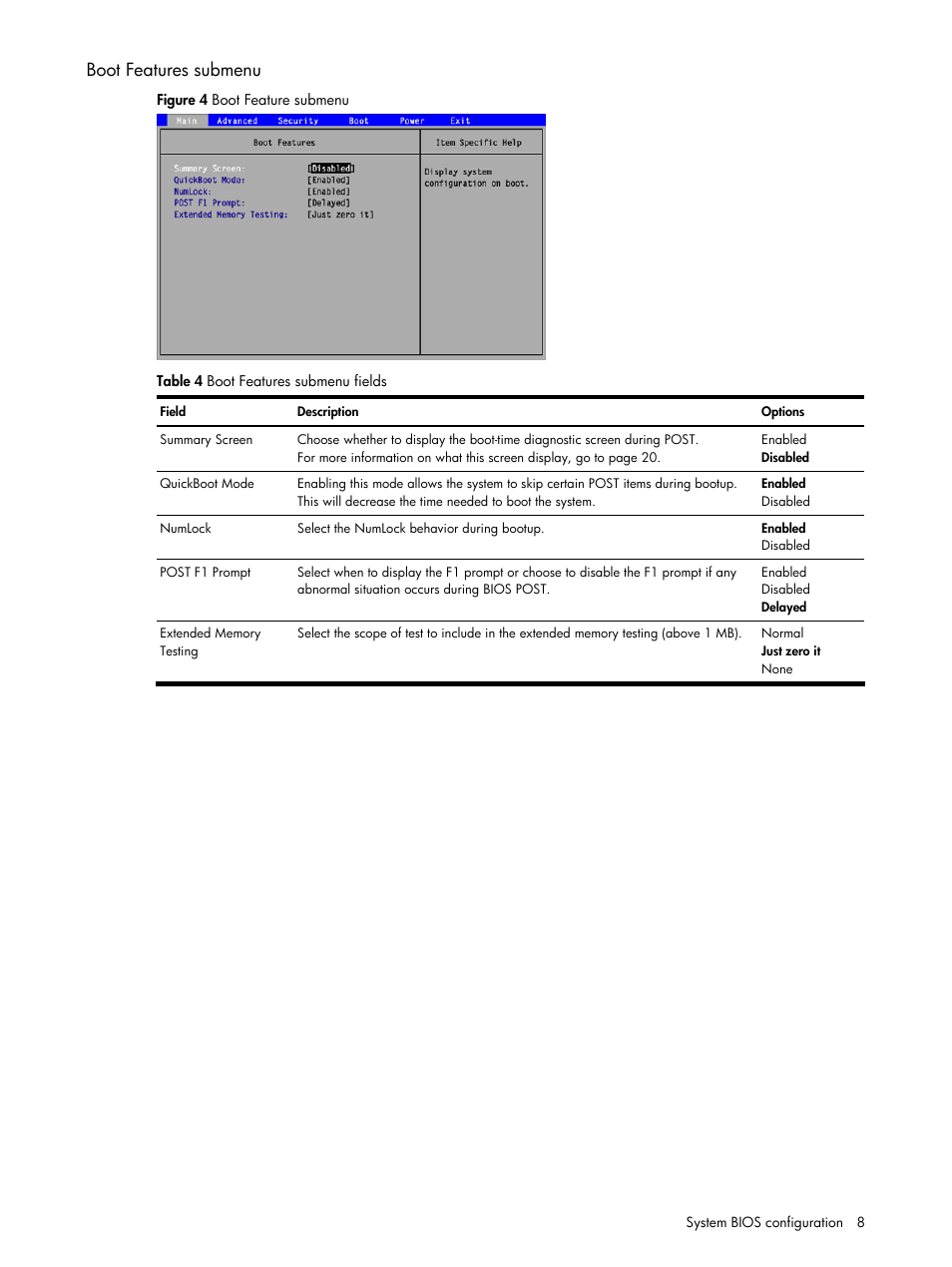 Boot features submenu | HP ProLiant DL140 G3 Server User Manual | Page 8 / 55