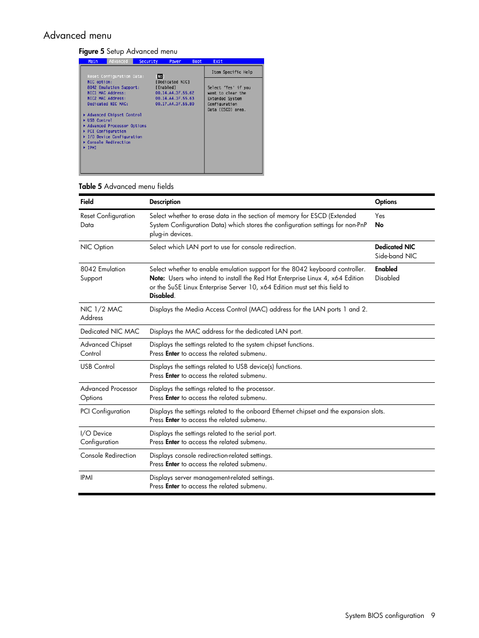 Advanced menu | HP ProLiant DL140 G3 Server User Manual | Page 9 / 55