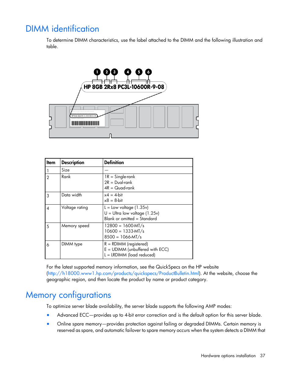 Dimm identification, Memory configurations | HP ProLiant BL465c Gen8 Server Blade User Manual | Page 37 / 89