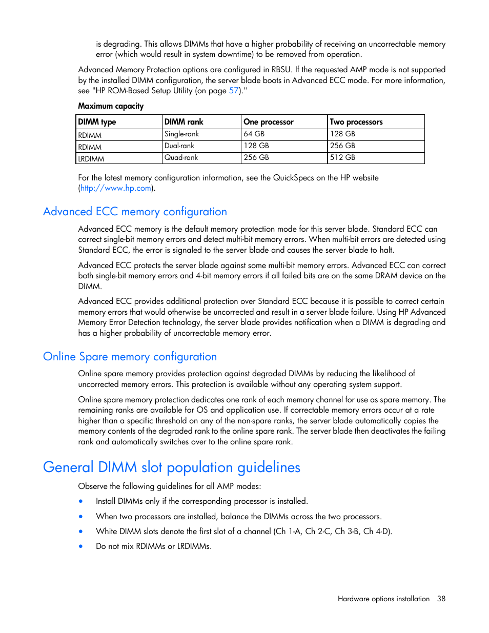 Advanced ecc memory configuration, Online spare memory configuration, General dimm slot population guidelines | HP ProLiant BL465c Gen8 Server Blade User Manual | Page 38 / 89