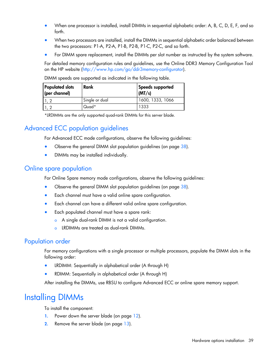 Advanced ecc population guidelines, Online spare population, Population order | Installing dimms | HP ProLiant BL465c Gen8 Server Blade User Manual | Page 39 / 89