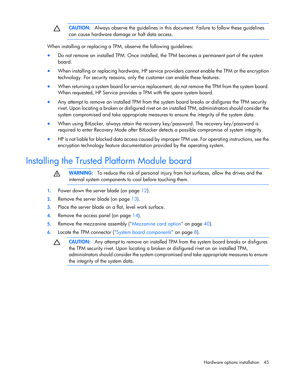 Installing the trusted platform module board | HP ProLiant BL465c Gen8 Server Blade User Manual | Page 45 / 89