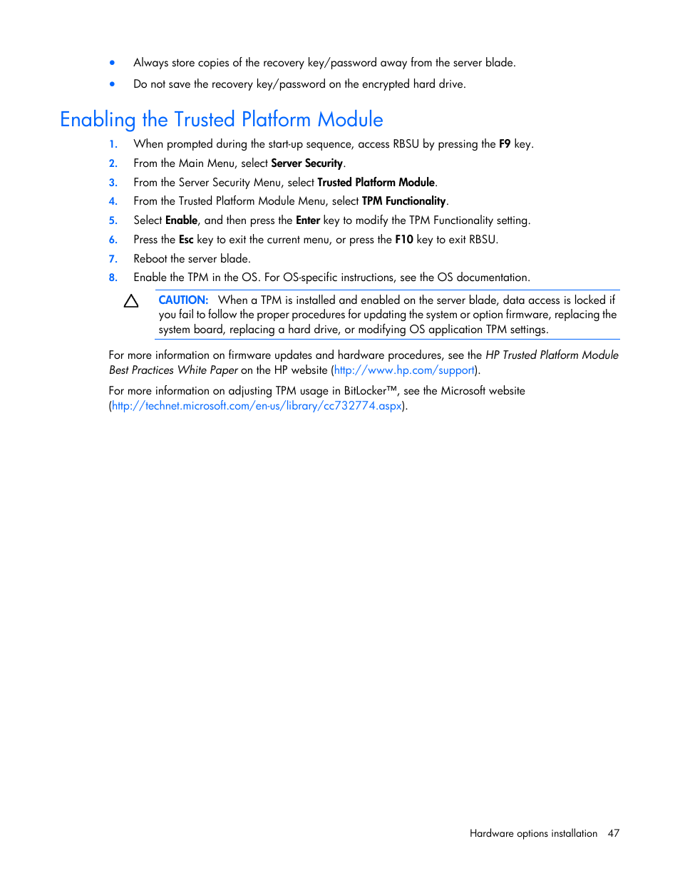 Enabling the trusted platform module | HP ProLiant BL465c Gen8 Server Blade User Manual | Page 47 / 89