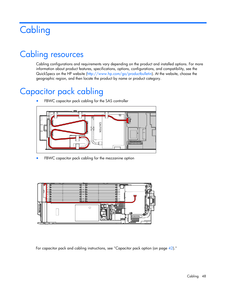 Cabling, Cabling resources, Capacitor pack cabling | HP ProLiant BL465c Gen8 Server Blade User Manual | Page 48 / 89