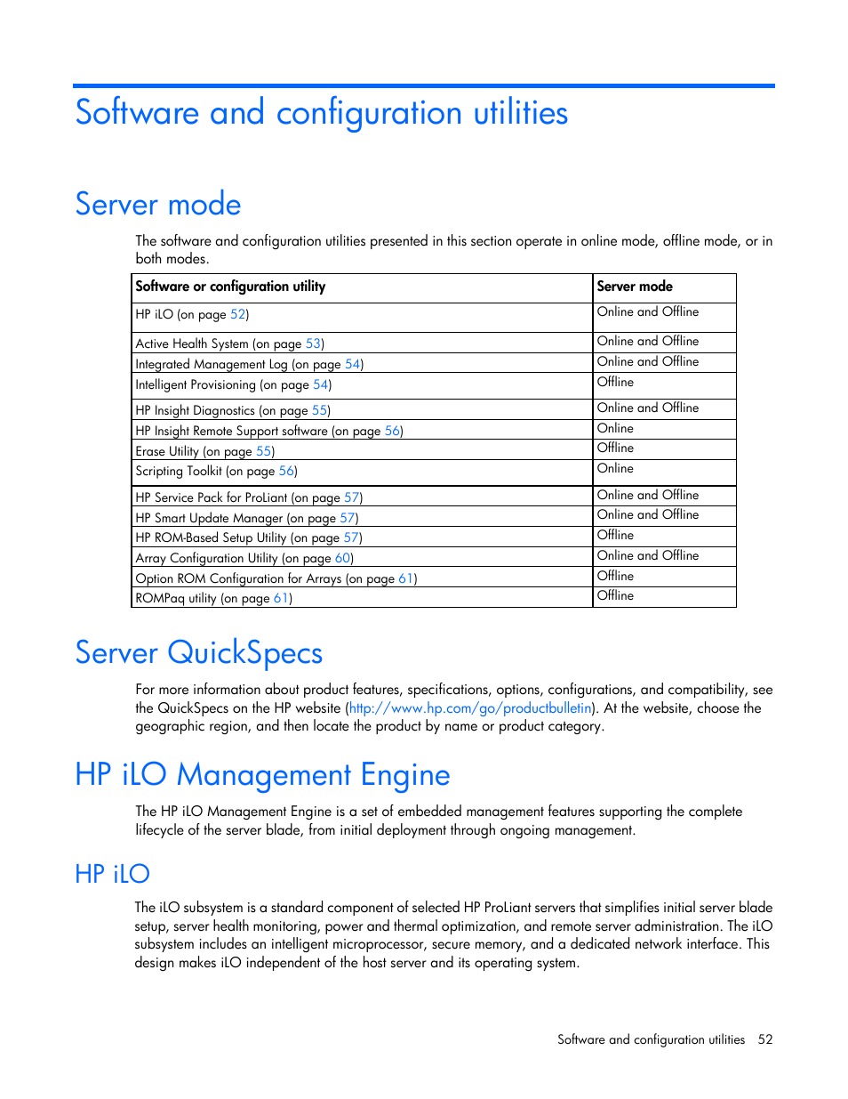 Software and configuration utilities, Server mode, Server quickspecs | Hp ilo management engine, Hp ilo | HP ProLiant BL465c Gen8 Server Blade User Manual | Page 52 / 89