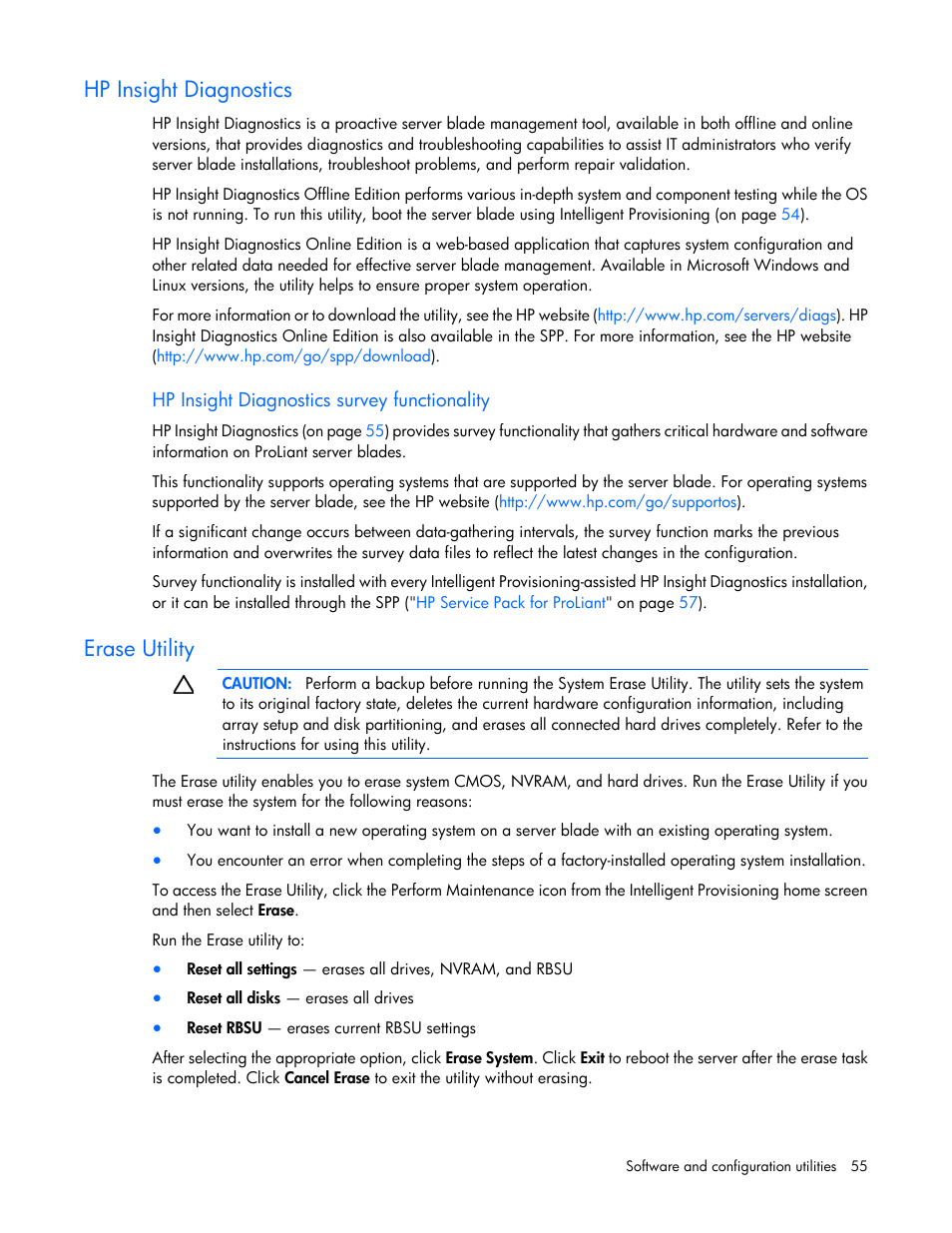 Hp insight diagnostics, Hp insight diagnostics survey functionality, Erase utility | HP ProLiant BL465c Gen8 Server Blade User Manual | Page 55 / 89