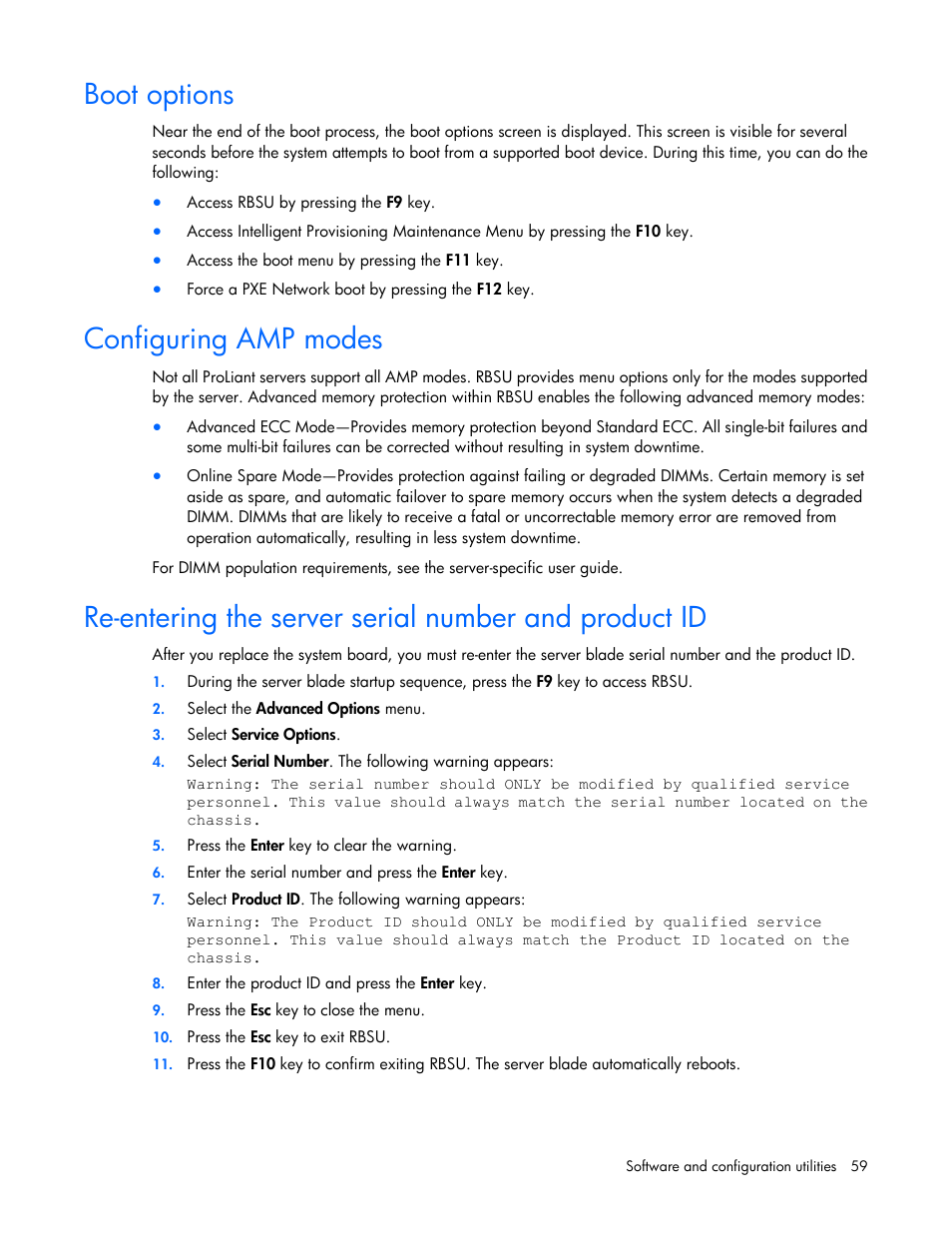 Boot options, Configuring amp modes | HP ProLiant BL465c Gen8 Server Blade User Manual | Page 59 / 89