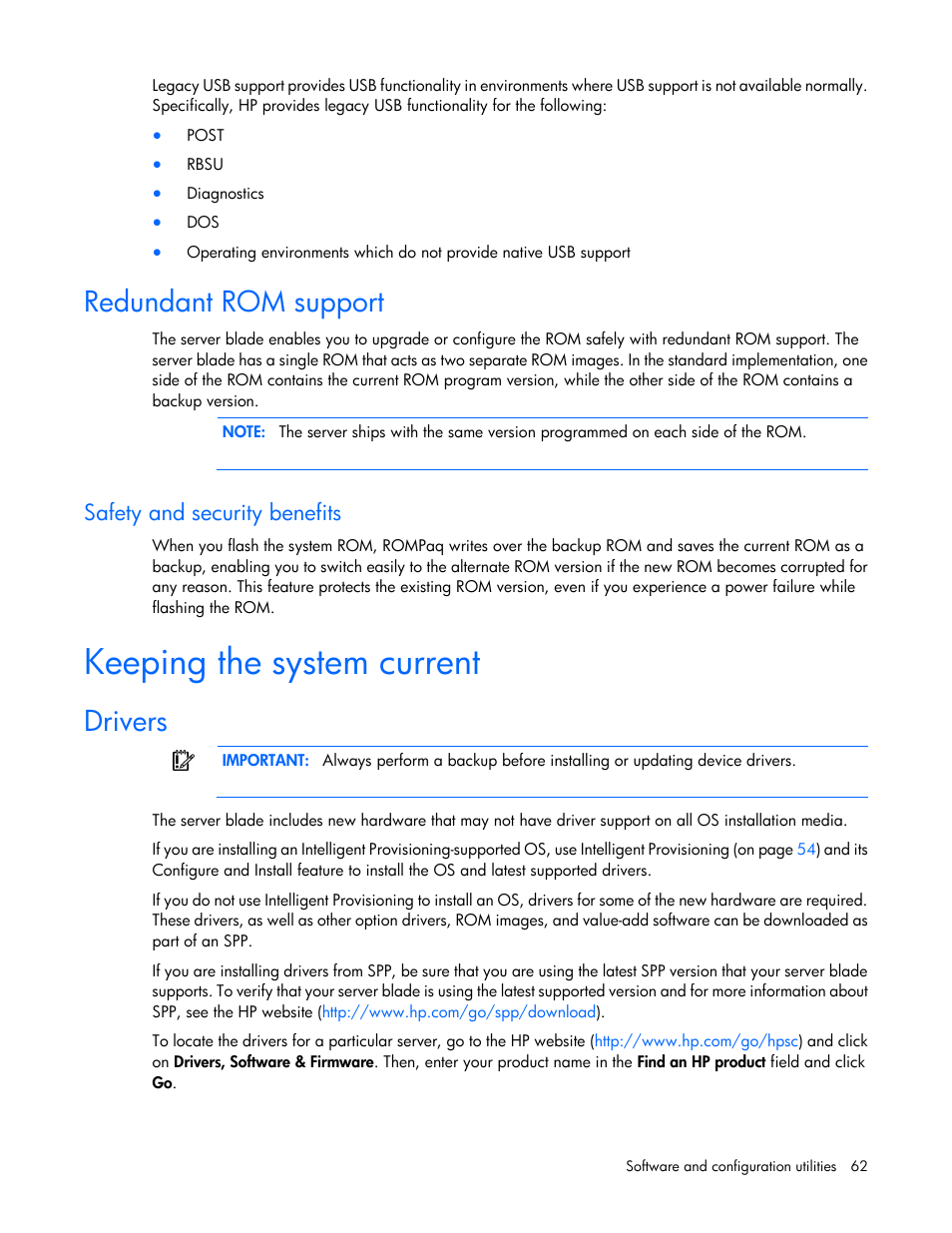 Redundant rom support, Safety and security benefits, Keeping the system current | Drivers | HP ProLiant BL465c Gen8 Server Blade User Manual | Page 62 / 89