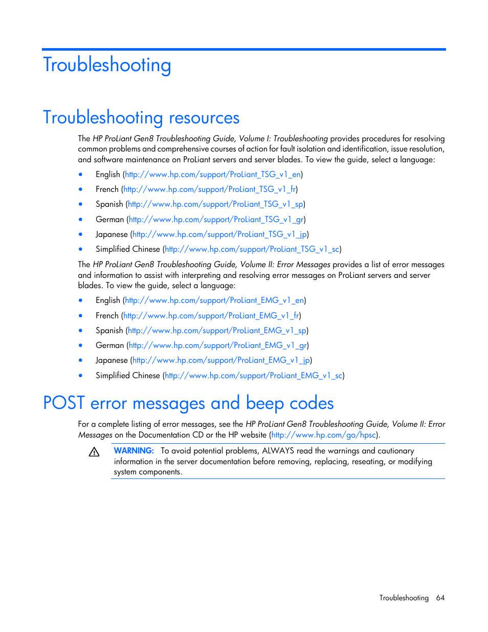 Troubleshooting, Troubleshooting resources, Post error messages and beep codes | HP ProLiant BL465c Gen8 Server Blade User Manual | Page 64 / 89