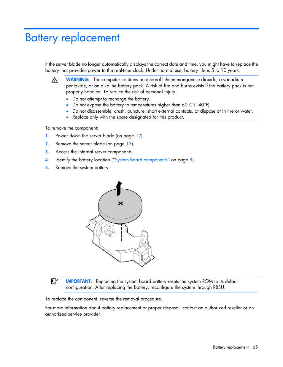Battery replacement | HP ProLiant BL465c Gen8 Server Blade User Manual | Page 65 / 89
