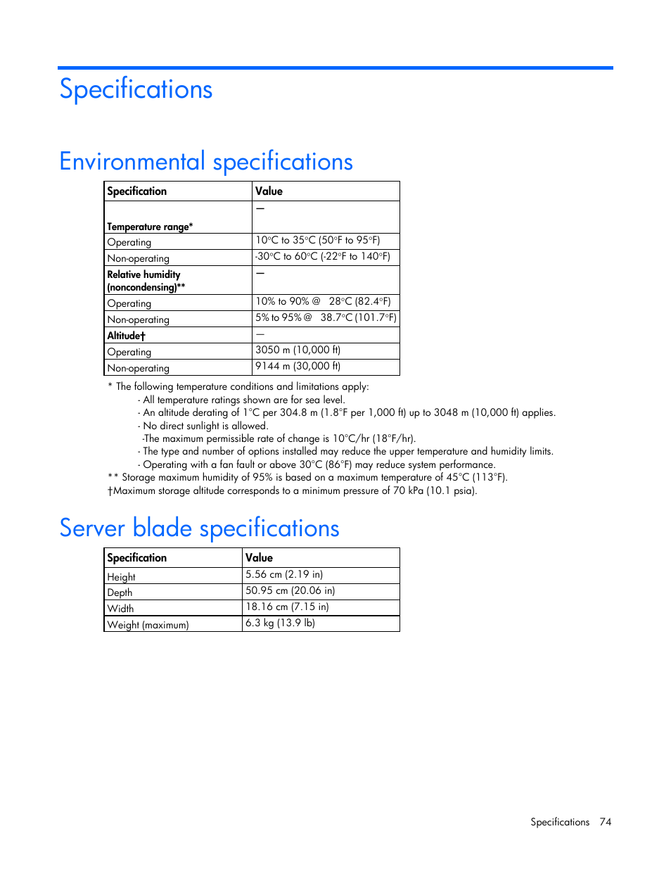 Specifications, Environmental specifications, Server blade specifications | HP ProLiant BL465c Gen8 Server Blade User Manual | Page 74 / 89