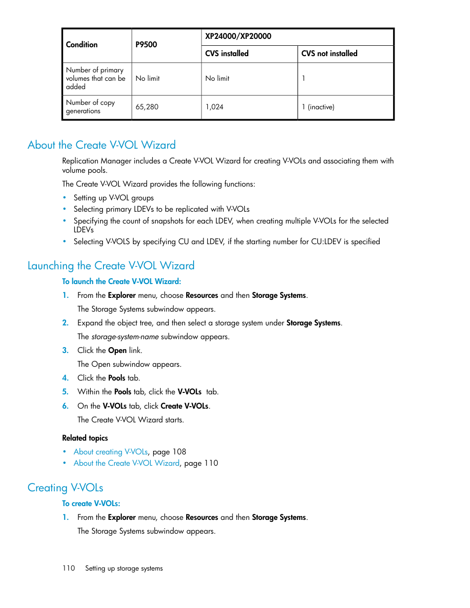 About the create v-vol wizard, Launching the create v-vol wizard, Creating v-vols | 110 launching the create v-vol wizard, 110 creating v-vols | HP XP P9000 Command View Advanced Edition Software User Manual | Page 110 / 500