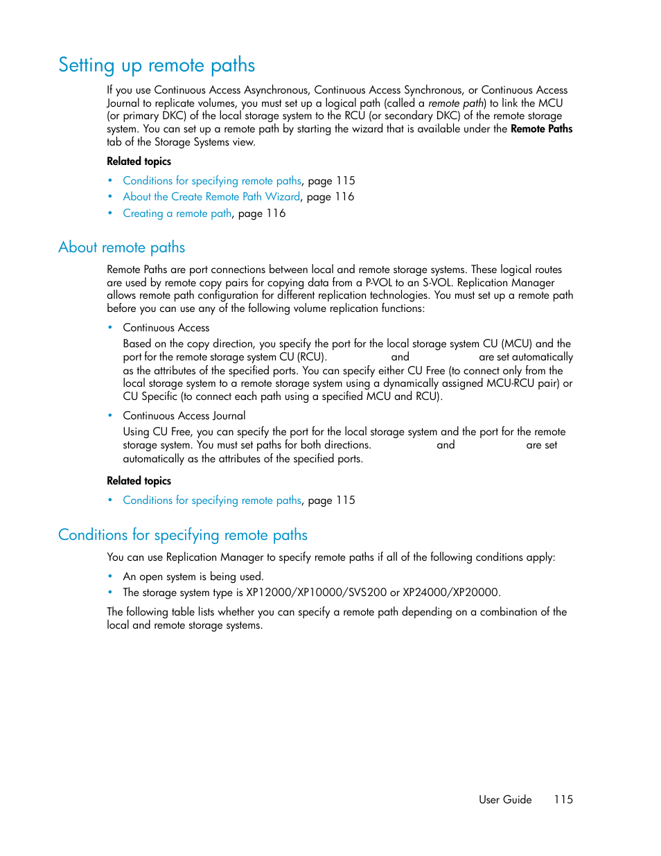 Setting up remote paths, About remote paths, Conditions for specifying remote paths | 115 conditions for specifying remote paths | HP XP P9000 Command View Advanced Edition Software User Manual | Page 115 / 500