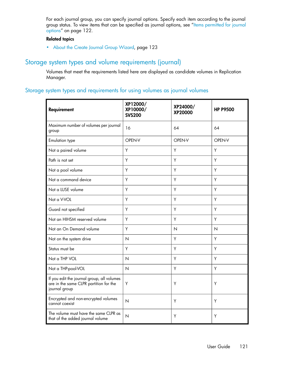 Storage system types and volume requirements, Journal) | HP XP P9000 Command View Advanced Edition Software User Manual | Page 121 / 500