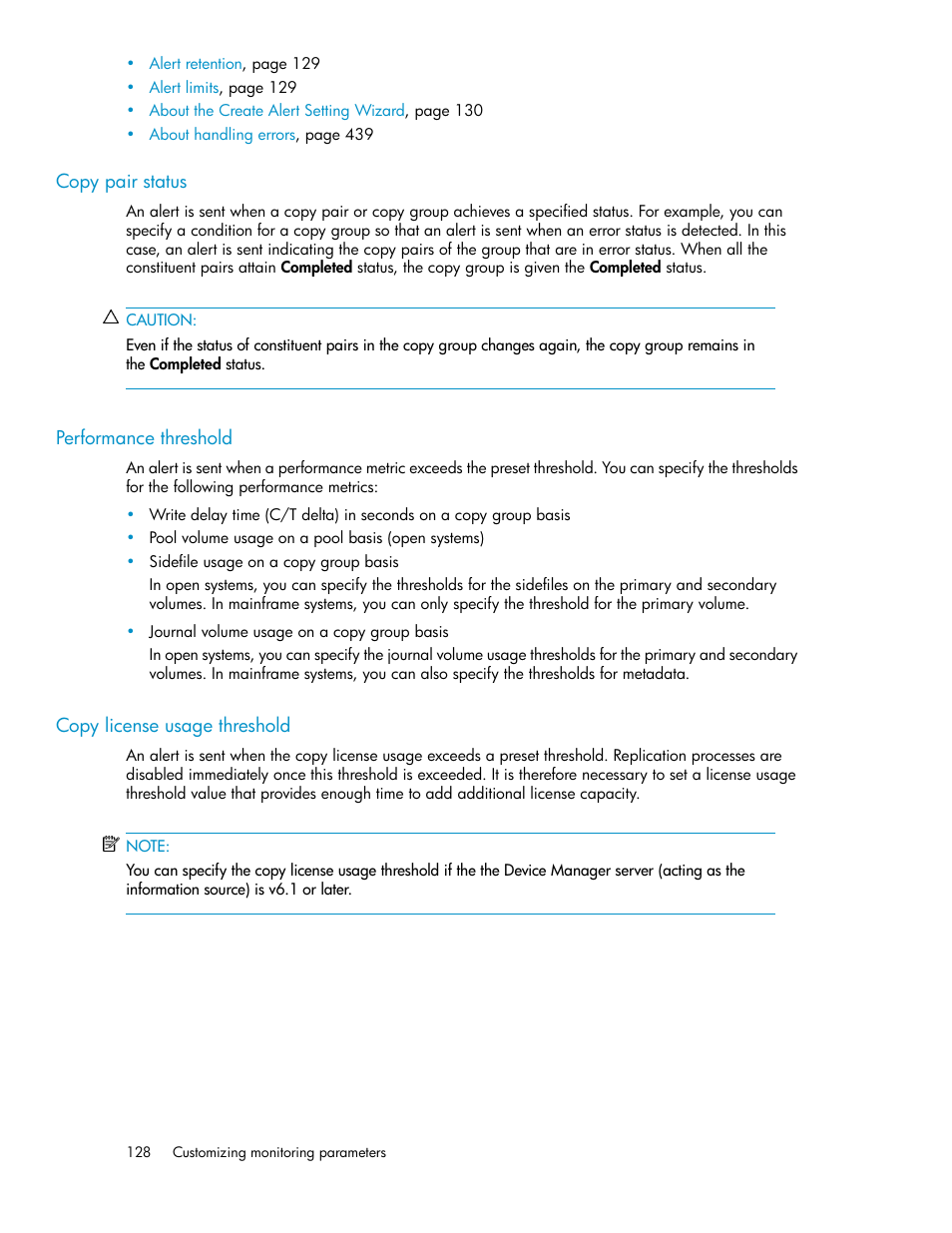 Copy pair status, Performance threshold, Copy license usage threshold | 128 performance threshold, 128 copy license usage threshold | HP XP P9000 Command View Advanced Edition Software User Manual | Page 128 / 500