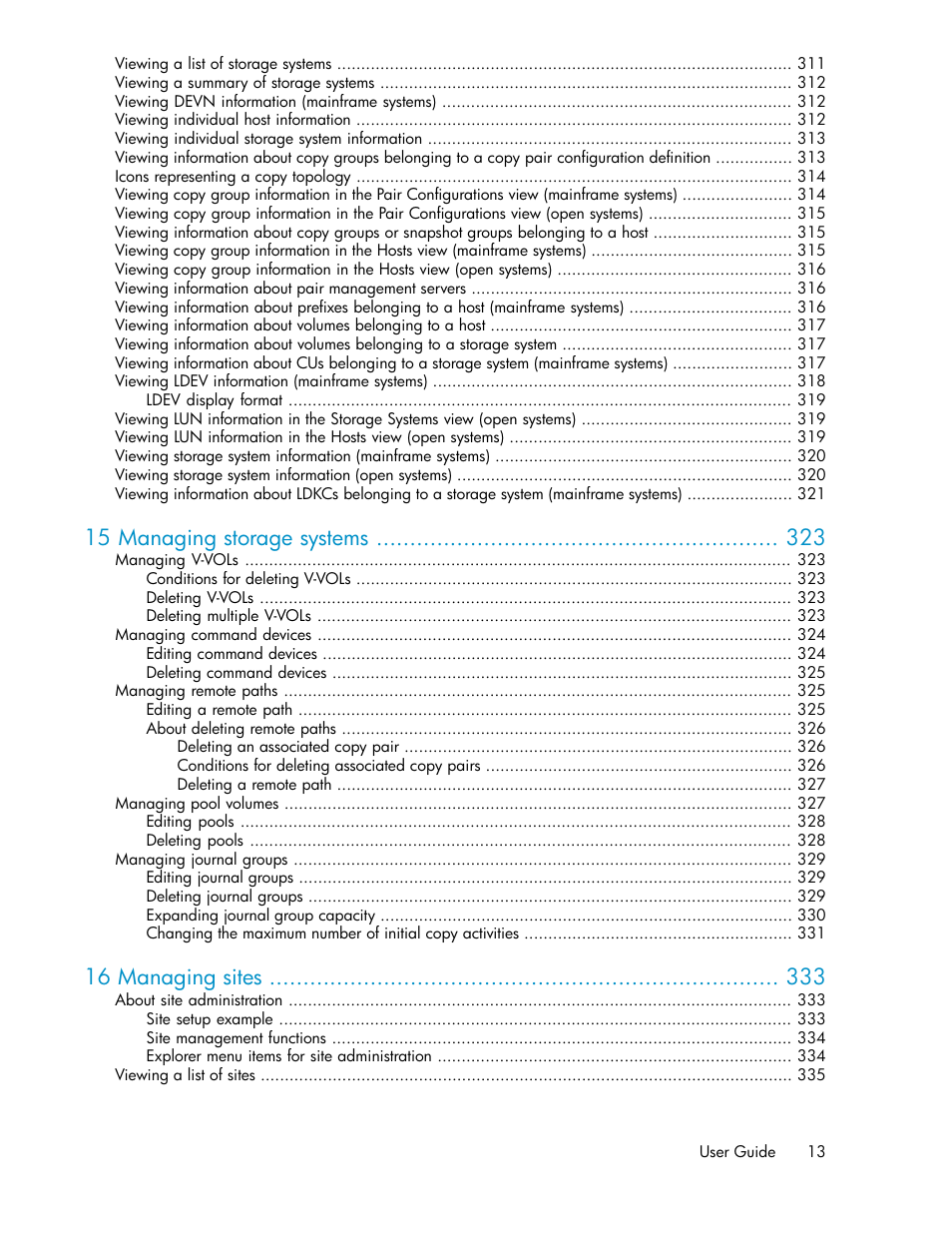 15 managing storage systems, 16 managing sites | HP XP P9000 Command View Advanced Edition Software User Manual | Page 13 / 500