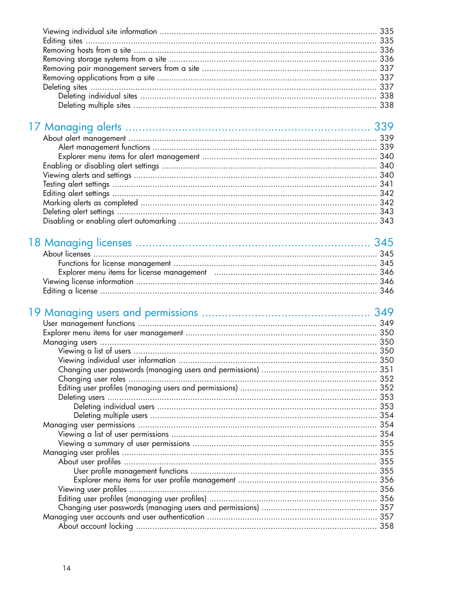 17 managing alerts, 18 managing licenses, 19 managing users and permissions | HP XP P9000 Command View Advanced Edition Software User Manual | Page 14 / 500