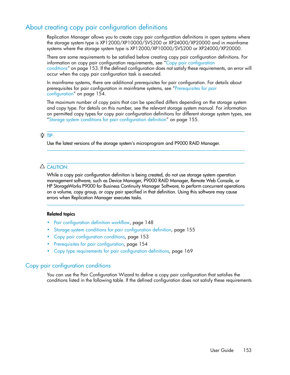 About creating copy pair configuration definitions, Copy pair configuration conditions | HP XP P9000 Command View Advanced Edition Software User Manual | Page 153 / 500