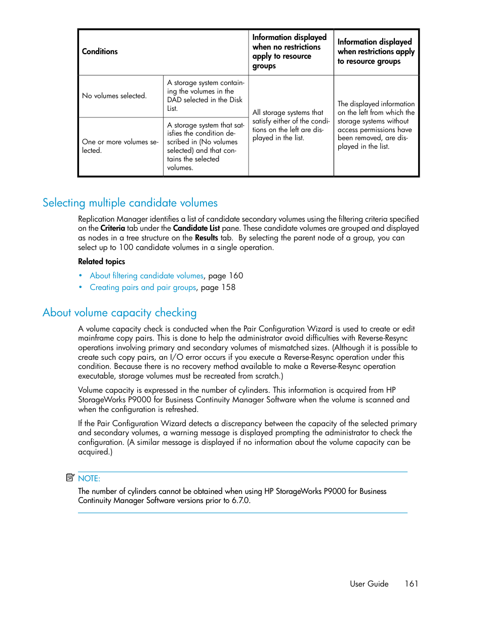 Selecting multiple candidate volumes, About volume capacity checking, 161 about volume capacity checking | Selecting multiple candidate, Volumes, About volume, Capacity checking | HP XP P9000 Command View Advanced Edition Software User Manual | Page 161 / 500
