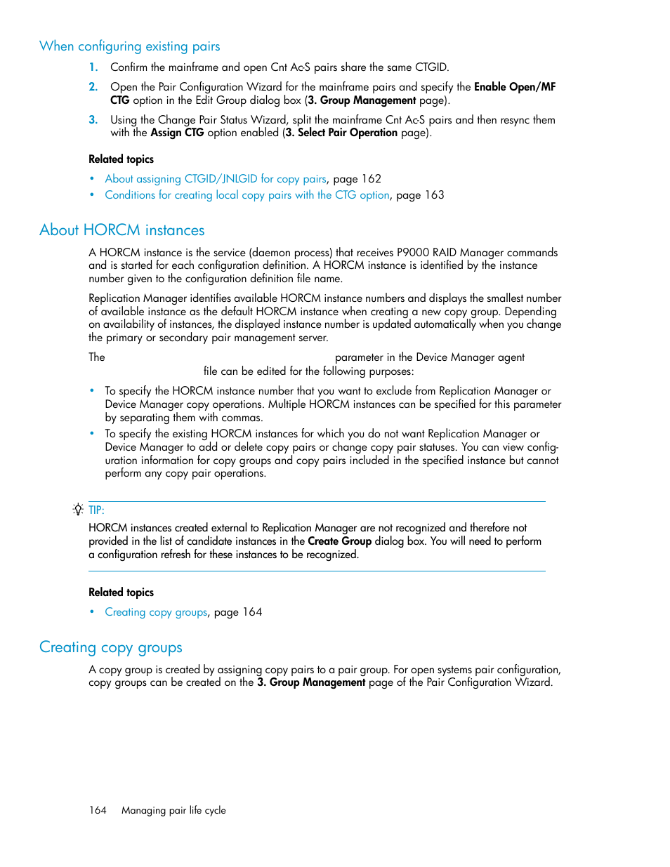 About horcm instances, Creating copy groups, 164 creating copy groups | HP XP P9000 Command View Advanced Edition Software User Manual | Page 164 / 500