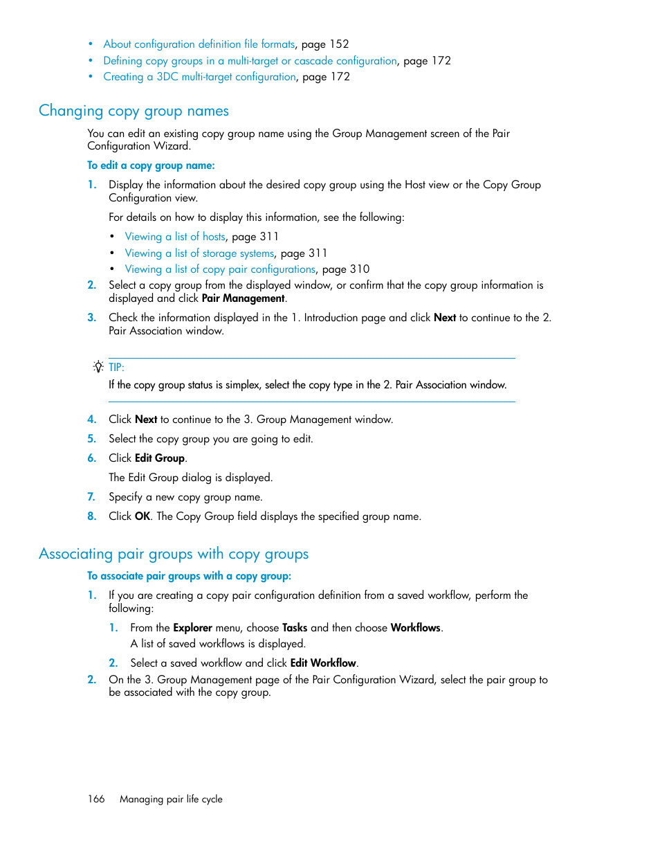 Changing copy group names, Associating pair groups with copy groups, 166 associating pair groups with copy groups | HP XP P9000 Command View Advanced Edition Software User Manual | Page 166 / 500