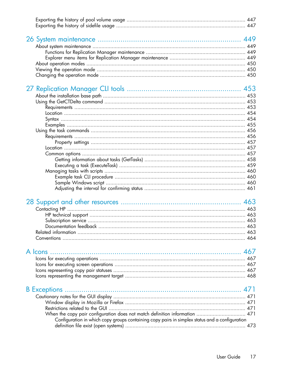 26 system maintenance, 27 replication manager cli tools, 28 support and other resources | A icons, B exceptions | HP XP P9000 Command View Advanced Edition Software User Manual | Page 17 / 500