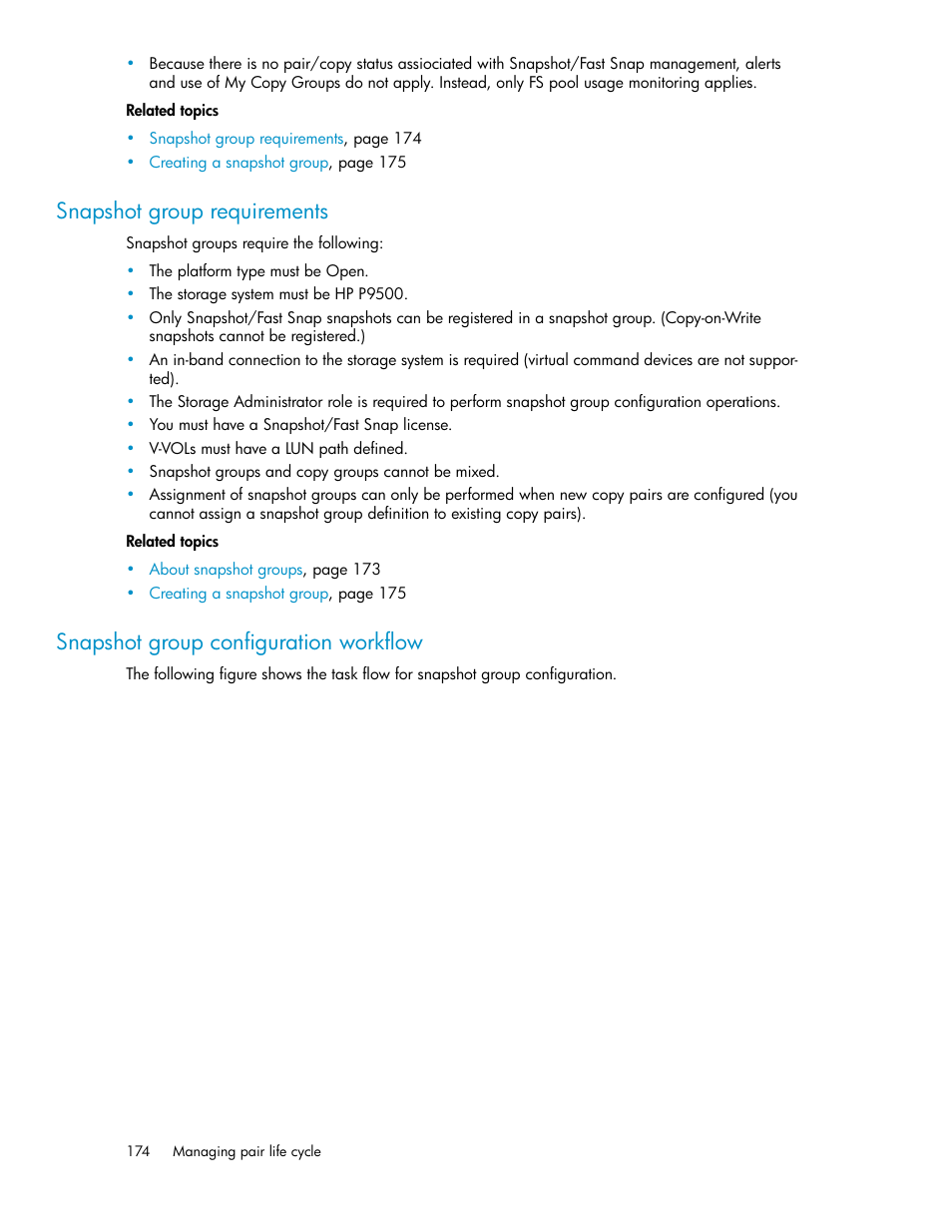Snapshot group requirements, Snapshot group configuration workflow, 174 snapshot group configuration workflow | HP XP P9000 Command View Advanced Edition Software User Manual | Page 174 / 500