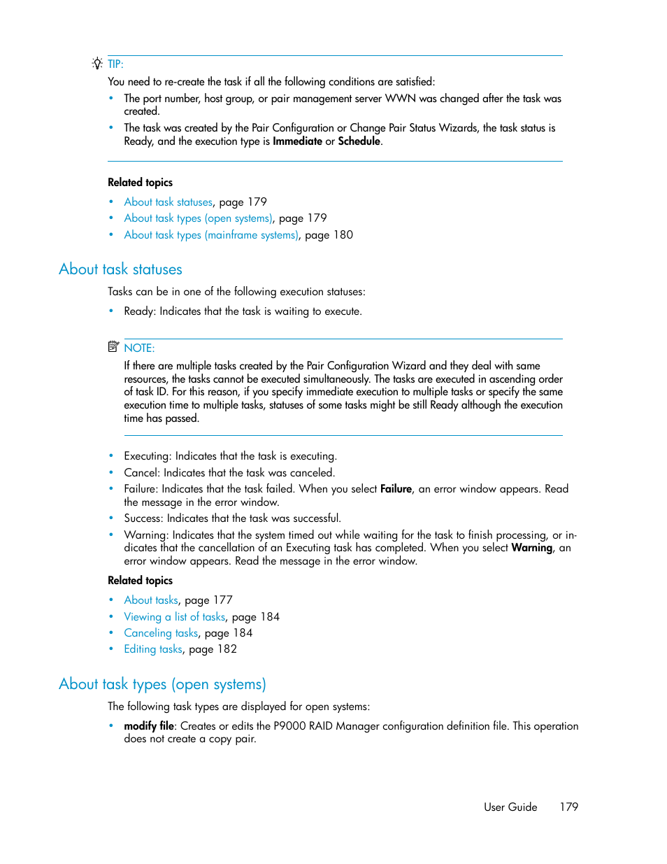 About task statuses, About task types (open systems), 179 about task types (open systems) | HP XP P9000 Command View Advanced Edition Software User Manual | Page 179 / 500