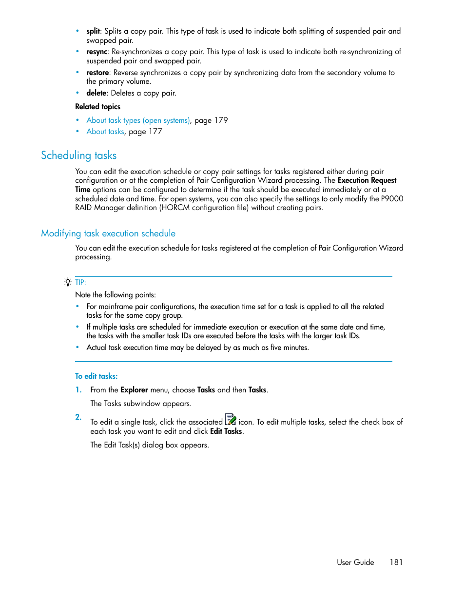 Scheduling tasks, Modifying task execution schedule | HP XP P9000 Command View Advanced Edition Software User Manual | Page 181 / 500