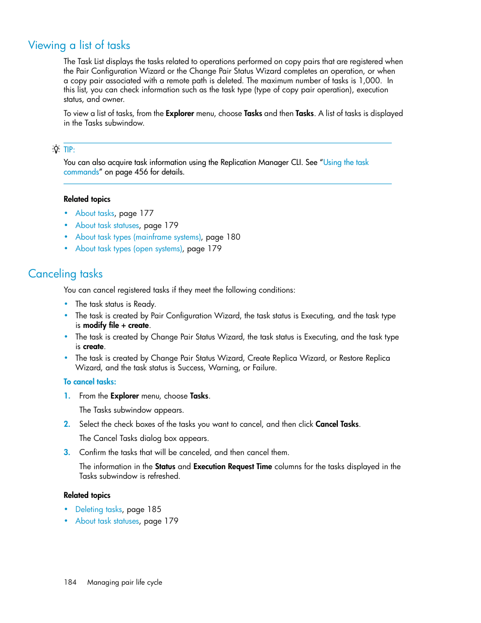 Viewing a list of tasks, Canceling tasks, 184 canceling tasks | HP XP P9000 Command View Advanced Edition Software User Manual | Page 184 / 500