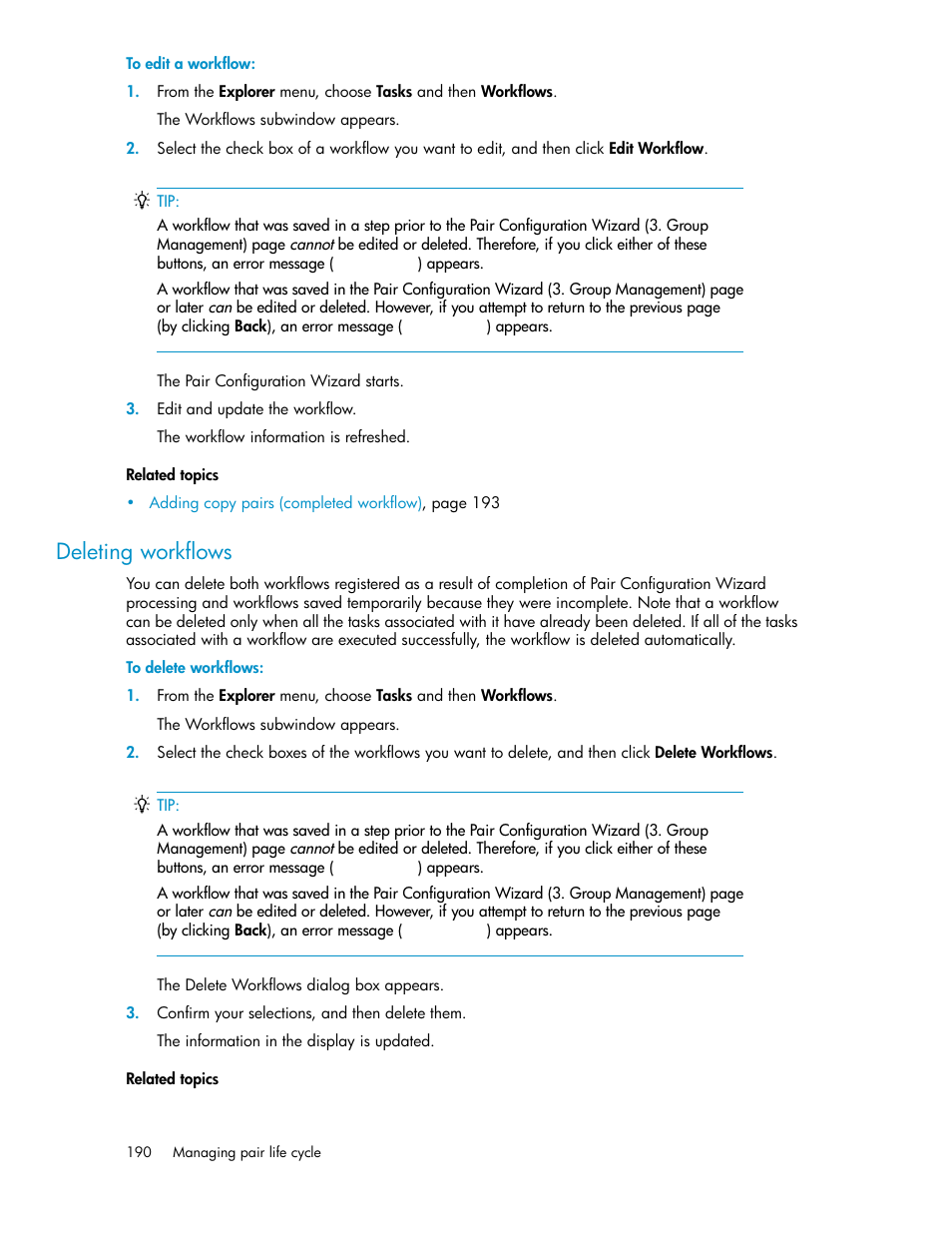 Deleting workflows | HP XP P9000 Command View Advanced Edition Software User Manual | Page 190 / 500