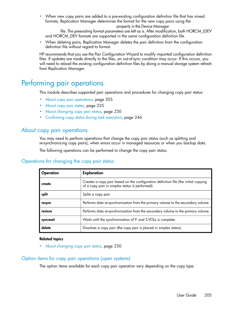 Performing pair operations, About copy pair operations | HP XP P9000 Command View Advanced Edition Software User Manual | Page 205 / 500