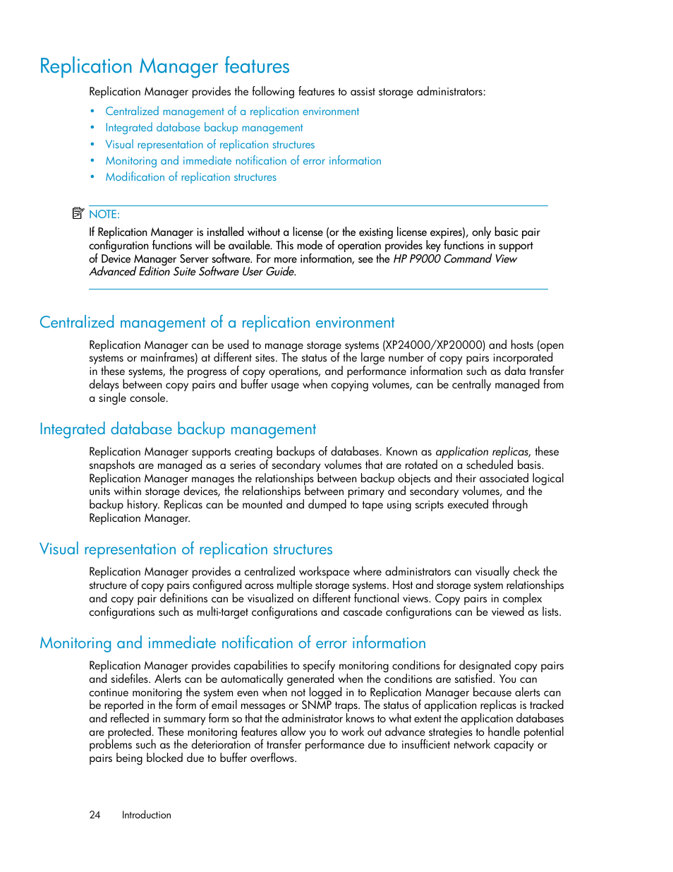 Replication manager features, Integrated database backup management, Visual representation of replication structures | HP XP P9000 Command View Advanced Edition Software User Manual | Page 24 / 500
