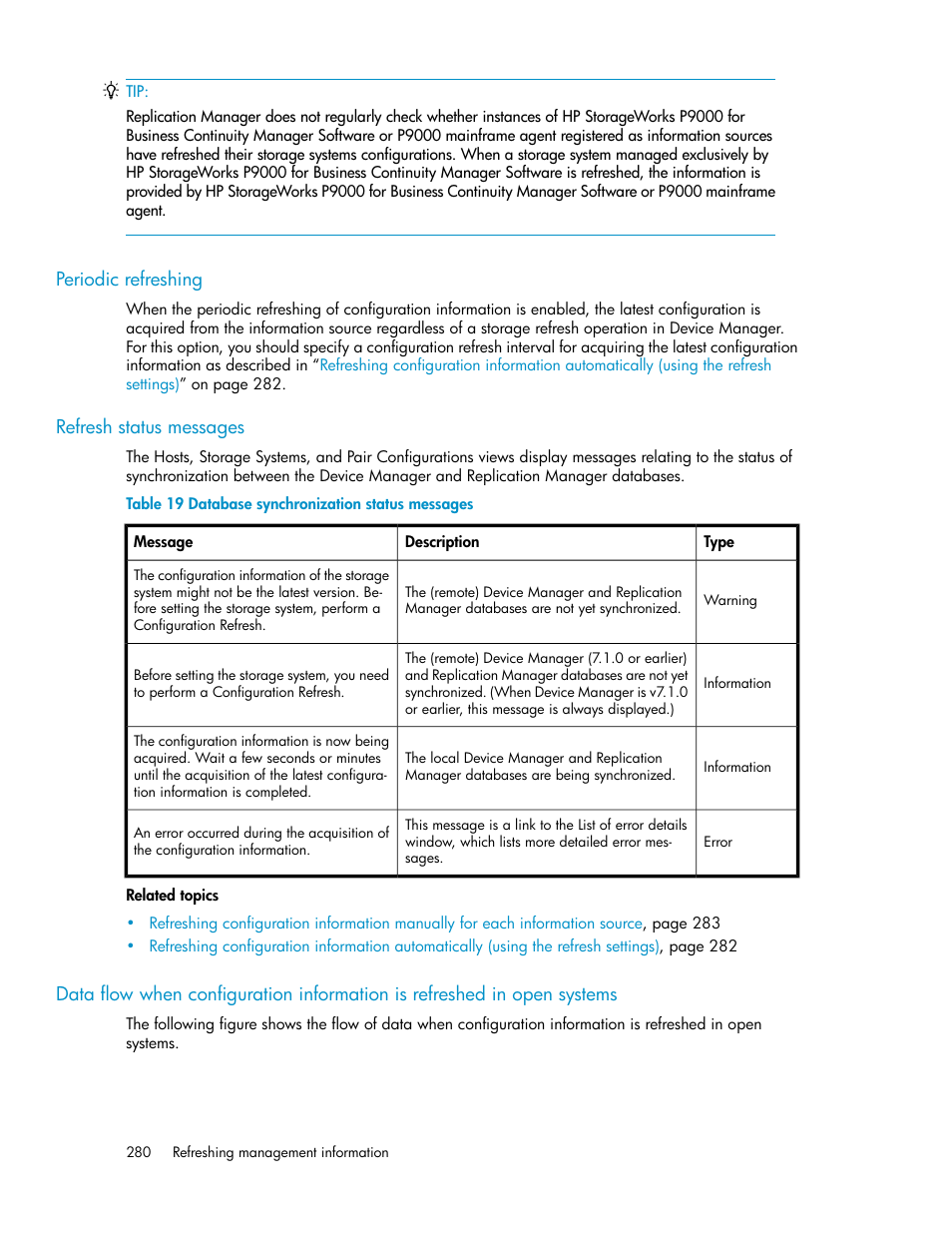 Database synchronization status messages, In open systems | HP XP P9000 Command View Advanced Edition Software User Manual | Page 280 / 500