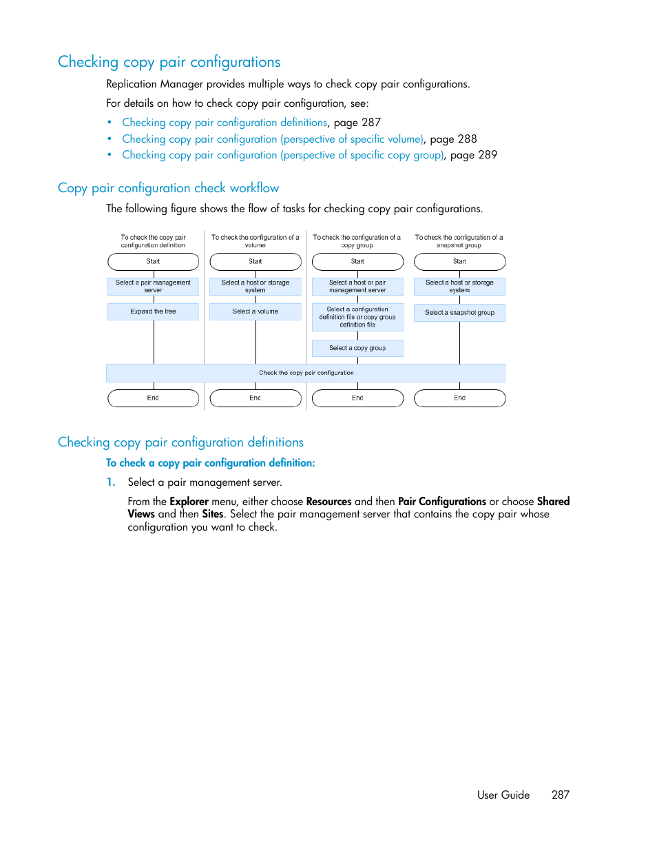 Checking copy pair configurations, Copy pair configuration check workflow, Checking copy pair configuration definitions | 287 checking copy pair configuration definitions | HP XP P9000 Command View Advanced Edition Software User Manual | Page 287 / 500