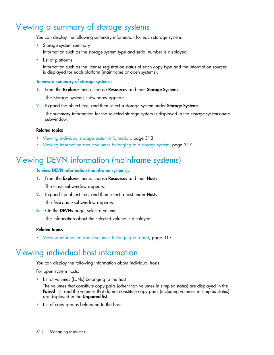 Viewing a summary of storage systems, Viewing devn information (mainframe systems), Viewing individual host information | 312 viewing devn information (mainframe systems), 312 viewing individual host information, Viewing individual host, Information | HP XP P9000 Command View Advanced Edition Software User Manual | Page 312 / 500