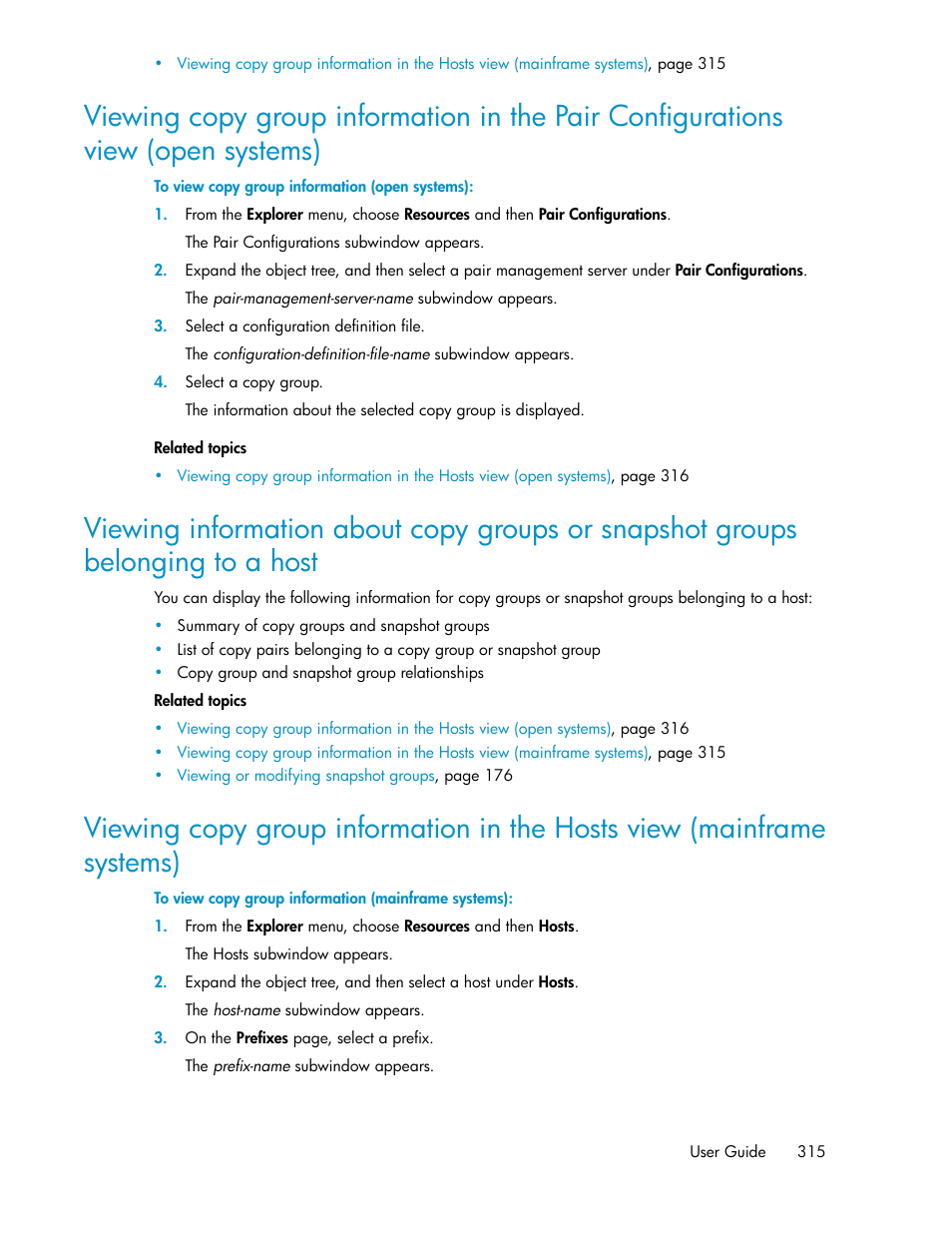Viewing copy group information in the pair, Configurations view (open systems), To a host | Host | HP XP P9000 Command View Advanced Edition Software User Manual | Page 315 / 500