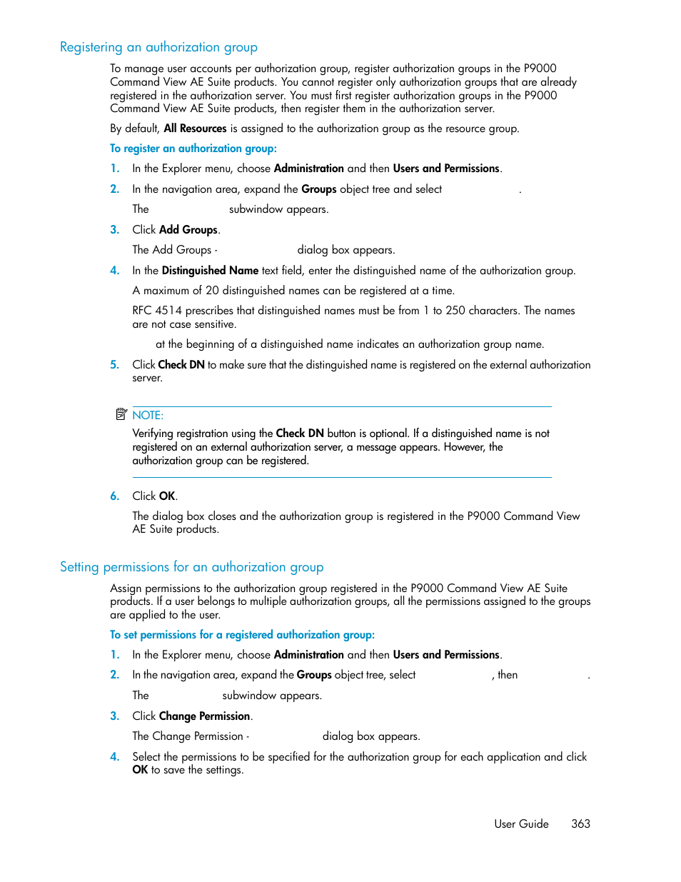Registering an authorization group, Setting permissions for an authorization group | HP XP P9000 Command View Advanced Edition Software User Manual | Page 363 / 500