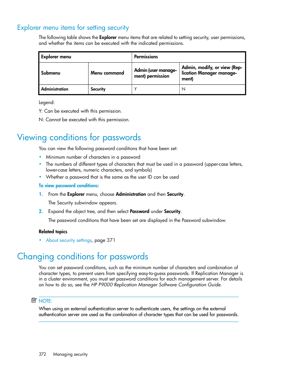 Explorer menu items for setting security, Viewing conditions for passwords, Changing conditions for passwords | 372 changing conditions for passwords | HP XP P9000 Command View Advanced Edition Software User Manual | Page 372 / 500