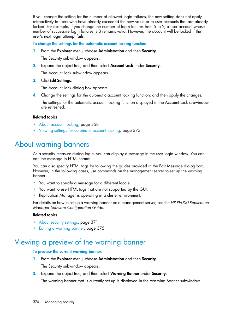 About warning banners, Viewing a preview of the warning banner, 374 viewing a preview of the warning banner | HP XP P9000 Command View Advanced Edition Software User Manual | Page 374 / 500